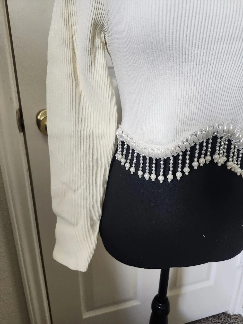 Zara Cream Ribbed Long-Sleeve Crop Top with Beaded Scallop Hem